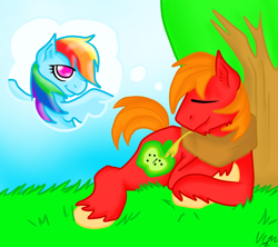 Size: 900x800 | Tagged: safe, artist:tomcolt15, big macintosh, rainbow dash, earth pony, pegasus, pony, daydream, male, rainbowmac, stallion, straight, thought bubble