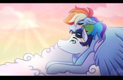 Size: 2000x1300 | Tagged: safe, artist:kikirdcz, derpibooru import, rainbow dash, soarin', pegasus, pony, 30 day otp challenge, cloud, cuddling, female, floppy ears, goggles, male, shipping, signature, sleeping, snuggling, soarindash, straight