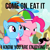 Size: 1077x1078 | Tagged: safe, derpibooru import, screencap, pinkie pie, rainbow dash, earth pony, pegasus, pony, caption, food, hat