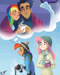 Size: 1584x1980 | Tagged: safe, artist:ric-m, fluttershy, rainbow dash, soarin', human, blanket, blushing, clothes, coffee, cuddling, daydream, dream, eyes closed, female, grin, humanized, light skin, male, moderate dark skin, mug, scarf, shipping, sleeping, smiling, snow, snowfall, snuggling, soarindash, straight, thought bubble