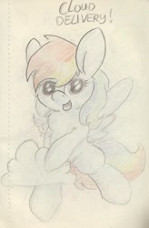 Size: 675x1028 | Tagged: safe, artist:slightlyshade, derpibooru import, rainbow dash, pegasus, pony, cloud, open mouth, solo, traditional art