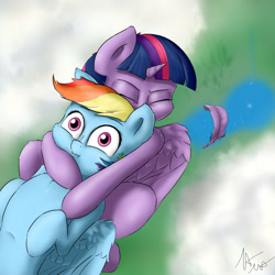 Size: 2400x2400 | Tagged: safe, artist:captainpudgemuffin, rainbow dash, twilight sparkle, twilight sparkle (alicorn), alicorn, pegasus, pony, female, flying, from behind, hug, lesbian, mare, midair, surprised, twidash, vertigo