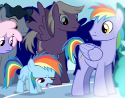 Size: 1228x970 | Tagged: safe, derpibooru import, screencap, rainbow blaze, rainbow dash, rainbowshine, spring melody, sprinkle medley, pegasus, pony, games ponies play, background pony, cropped, female, filly, filly rainbow dash, flashback, foal, frown, male, mare, sad, spread wings, stallion, younger