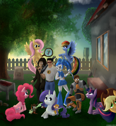 Size: 2000x2160 | Tagged: safe, artist:crmareli, artist:xjrobot, derpibooru import, applejack, fluttershy, pinkie pie, rainbow dash, rarity, twilight sparkle, human, pony, amnesia the dark descent, chip, chip and dale rescue rangers, dale, daniel, gadget hackwrench, gordon freeman, half-life, jenny wakeman, monterey jack, my life as a teenage robot, sam "serious" stone, serious sam, wat, zipper