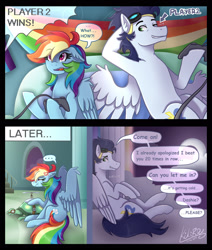 Size: 1950x2300 | Tagged: safe, artist:kikirdcz, derpibooru import, rainbow dash, soarin', tank, pegasus, pony, ..., 30 day otp challenge, cross-popping veins, female, male, night, rainbow dash's house, shipping, sleeping, soarindash, sore loser, straight, video game