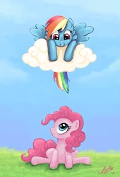 Size: 650x957 | Tagged: safe, artist:jennifereasley, derpibooru import, pinkie pie, rainbow dash, earth pony, pegasus, pony, cloud, female, mare