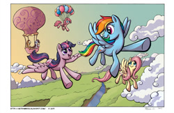 Size: 1223x793 | Tagged: safe, artist:raynesgem, derpibooru import, applejack, fluttershy, pinkie pie, rainbow dash, rarity, twilight sparkle, twilight sparkle (alicorn), alicorn, earth pony, pegasus, pony, unicorn, balloon, female, flying, hot air balloon, mare