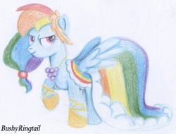 Size: 1024x780 | Tagged: safe, artist:busheyringtail, rainbow dash, pegasus, pony, clothes, dress, gala dress, solo, traditional art