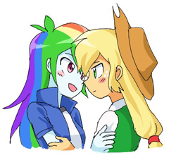 Size: 493x448 | Tagged: safe, artist:ryuu, derpibooru import, applejack, rainbow dash, equestria girls, appledash, blushing, female, lesbian, shipping