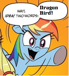 Size: 336x368 | Tagged: safe, idw, rainbow dash, earth pony, pegasus, pony, a new spiritual age, blonde mane, blue coat, blue wings, dialogue, exploitable meme, female, mare, meme, multicolored hair, open mouth, orange background, raised hoof, raised leg, simple background, smiling, speech bubble, the legend of korra, two words meme, underhoof, wings