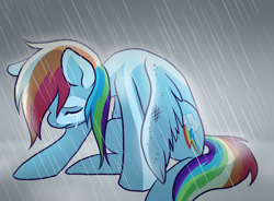 Size: 770x568 | Tagged: safe, artist:pixel-prism, rainbow dash, pegasus, pony, crying, injured, rain, sad, solo, twilight sparkle's secret shipfic folder