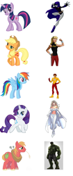 Size: 772x1844 | Tagged: safe, derpibooru import, applejack, big macintosh, rainbow dash, rarity, twilight sparkle, earth pony, pegasus, pony, unicorn, emma frost, kid flash, male, raven (teen titans), simple background, stallion, the incredible hulk, white background, wonder girl