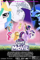 Size: 1277x1900 | Tagged: safe, derpibooru import, applejack, fluttershy, nightmare moon, pinkie pie, princess celestia, rainbow dash, rarity, twilight sparkle, alicorn, earth pony, pegasus, pony, unicorn, my little pony: the movie, allspark pictures, big crown thingy, elements of harmony, fake, jewelry, lionsgate, mane six, poster, regalia