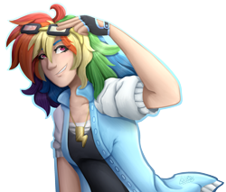 Size: 2000x1700 | Tagged: safe, artist:kikirdcz, derpibooru import, rainbow dash, human, clothes, goggles, humanized, simple background, solo, transparent background