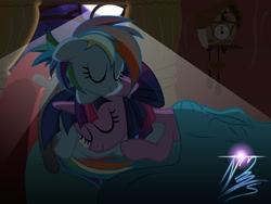 Size: 1600x1200 | Tagged: safe, artist:nightmaremoons, derpibooru import, pinkie pie, rainbow dash, twilight sparkle, earth pony, pegasus, pony, alternate hairstyle, bed, blanket, clock, cuddling, cushion, female, hug, lesbian, moonlight, shipping, sleeping, smiling, snuggling, twidash