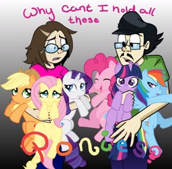 Size: 1730x1700 | Tagged: safe, artist:silver-fox17, derpibooru import, applejack, fluttershy, pinkie pie, rainbow dash, rarity, twilight sparkle, human, pony, cute, glasses, holding, holding a pony, mane six, why can't i hold all these x