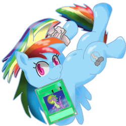 Size: 500x500 | Tagged: safe, artist:nezu_nezu, rainbow dash, pegasus, pony, belly button, card, duel disk, pixiv, solo, yu-gi-oh!