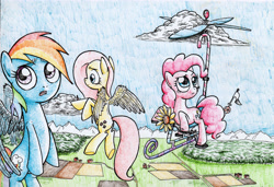 Size: 4955x3395 | Tagged: safe, artist:smellslikebeer, derpibooru import, fluttershy, pinkie pie, rainbow dash, earth pony, pegasus, pony, cloud, crosshatch, flying, ink, pedalcopter, perplexed, spread wings, traditional art, trio