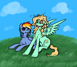 Size: 6000x5220 | Tagged: safe, artist:mylittlegodzilla, derpibooru import, rainbow dash, zephyr breeze, pegasus, pony, :3, absurd resolution, alternate hairstyle, blushing, cute, female, male, mouth hold, prone, scrunchie, shipping, spread wings, straight, zephdash