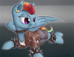 Size: 1600x1250 | Tagged: safe, artist:anti1mozg, derpibooru import, rainbow dash, pegasus, pony, fanfic:broken toy, clothes, collar, ear piercing, earring, eye scar, fanfic art, injured, jacket, jewelry, pants, piercing, prone, scar, shirt, solo, spiked wristband