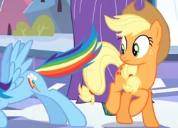 Size: 648x467 | Tagged: safe, derpibooru import, screencap, applejack, rainbow dash, earth pony, pegasus, pony, the crystal empire, out of context