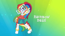 Size: 1280x720 | Tagged: safe, rainbow dash, equestria girls, rainbow rocks, box art, clothes, commercial, devil horn (gesture), high heel boots, jeans, magic of friendship (rainbow rocks), rainbow, skirt, solo