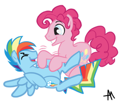 Size: 972x822 | Tagged: safe, artist:bananimationofficial, derpibooru import, bubble berry, pinkie pie, rainbow blitz, rainbow dash, earth pony, pegasus, pony, laughing, rule 63, tickling