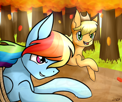 Size: 2400x2000 | Tagged: safe, artist:jazzerix, derpibooru import, applejack, rainbow dash, earth pony, pegasus, pony, fall weather friends, bound wings, forest, running, scene interpretation, whitetail woods