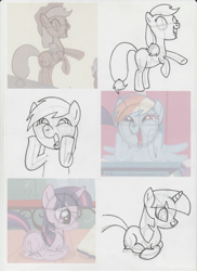 Size: 1702x2339 | Tagged: safe, artist:lazy-turtle, derpibooru import, applejack, rainbow dash, twilight sparkle, earth pony, pegasus, pony, applebuck season, anatomy, drawing, sketch, sketch dump, study, traditional art