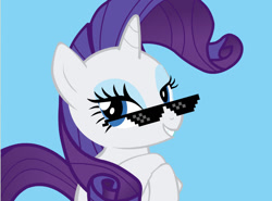 Size: 938x695 | Tagged: safe, artist:rebornmcw, derpibooru import, rarity, pony, unicorn, blue background, crossed hooves, equestria la, female, flash, horn, looking at you, mare, purple mane, purple tail, simple background, smiling, solo, sunglasses, white coat