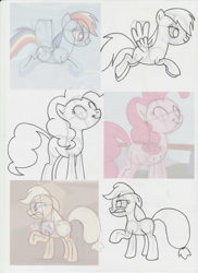 Size: 1702x2339 | Tagged: safe, artist:lazy-turtle, derpibooru import, applejack, pinkie pie, rainbow dash, earth pony, pegasus, pony, griffon the brush off, anatomy, drawing, sketch, sketch dump, study, traditional art