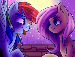 Size: 2048x1556 | Tagged: safe, artist:slynecallisto, derpibooru import, fluttershy, rainbow dash, pegasus, pony, female, flutterdash, lesbian, looking at each other, mare, night, shipping, stars, tongue out, wall