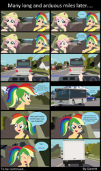 Size: 3950x6670 | Tagged: dead source, safe, artist:garretthegarret, fluttershy, rainbow dash, comic:a weekend away, equestria girls, alternate hairstyle, bus, car, comic, driving, human coloration, road, street sign, terry the triumph, traffic, triumph, triumph acclaim, truck