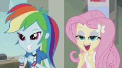 Size: 480x270 | Tagged: safe, derpibooru import, screencap, fluttershy, rainbow dash, a case for the bass, equestria girls, rainbow rocks, lidded eyes, open mouth, out of context