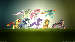 Size: 1920x1080 | Tagged: safe, artist:spyrophantom, derpibooru import, applejack, fluttershy, pinkie pie, rainbow dash, rarity, starlight glimmer, sunset shimmer, twilight sparkle, twilight sparkle (alicorn), alicorn, earth pony, pegasus, pony, unicorn, 3d, alternate mane seven, field, flying, galloping, hopping, mane six, poster, signature, source filmmaker