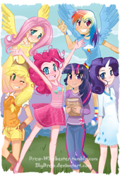 Size: 545x801 | Tagged: safe, artist:skydrew, derpibooru import, applejack, fluttershy, pinkie pie, rainbow dash, rarity, twilight sparkle, clothes, dress, horned humanization, humanized, skirt, winged humanization