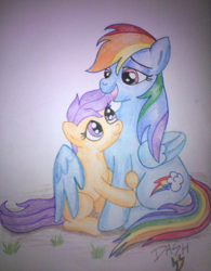 Size: 1016x1305 | Tagged: safe, artist:rainbowdashzpegasus, rainbow dash, scootaloo, pegasus, pony, hug, scootalove, winghug