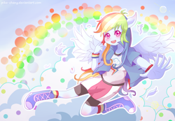 Size: 1800x1246 | Tagged: safe, artist:pika-chany, derpibooru import, rainbow dash, equestria girls, colored pupils, looking at you, ponied up, pony ears, solo