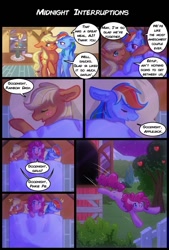 Size: 734x1089 | Tagged: safe, artist:cherryblossomcake, derpibooru import, applejack, pinkie pie, rainbow dash, earth pony, pegasus, pony, appledash, bed, blushing, comic, cuddling, ear fluff, female, kiss on the cheek, kissing, lesbian, mare, shipping, snuggling, surprised