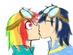 Size: 1600x1200 | Tagged: safe, artist:yichiau, rainbow dash, soarin', human, female, humanized, kissing, male, shipping, soarindash, straight