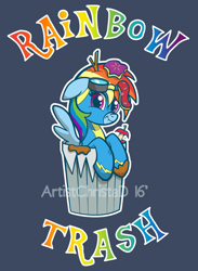 Size: 750x1023 | Tagged: safe, artist:christadoodles, derpibooru import, rainbow dash, pegasus, pony, clothes, dirty, floppy ears, leaning, looking at you, rainbow trash, scrunchy face, solo, trash, trash can, watermark, wonderbolts uniform