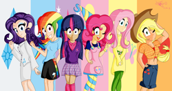 Size: 7600x4000 | Tagged: safe, artist:elactra02, derpibooru import, applejack, fluttershy, pinkie pie, rainbow dash, rarity, twilight sparkle, hat, humanized, mane six, party hat