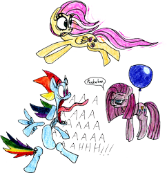 Size: 1538x1586 | Tagged: safe, artist:colossalstinker, derpibooru import, fluttershy, pinkie pie, rainbow dash, earth pony, pegasus, pony, balloon, modular, pinkamena diane pie