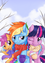 Size: 864x1200 | Tagged: safe, artist:nobody47, derpibooru import, rainbow dash, scootaloo, twilight sparkle, twilight sparkle (alicorn), alicorn, pegasus, pony, clothes, cute, cutealoo, dashabetes, female, i'll always be here for you, lesbian, mare, mittens, one eye closed, open mouth, raised hoof, redux, scarf, scootalove, shipping, twiabetes, twidash, winter outfit