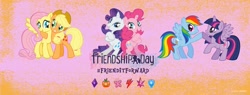 Size: 1656x630 | Tagged: safe, derpibooru import, applejack, fluttershy, pinkie pie, rainbow dash, rarity, twilight sparkle, twilight sparkle (alicorn), alicorn, earth pony, pegasus, pony, unicorn, elements of harmony, friendship day, jewelry, mane six, official, regalia, stock vector