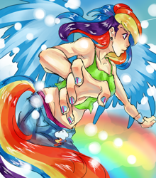 Size: 1124x1280 | Tagged: safe, artist:thepandacaffe, derpibooru import, rainbow dash, human, action pose, armpits, clothes, ear piercing, earring, fingernails, humanized, jewelry, nail polish, piercing, sketchy, solo, tailed humanization, tanktop, winged humanization