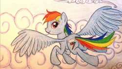 Size: 1024x576 | Tagged: safe, artist:thefriendlyelephant, rainbow dash, pegasus, pony, cloud, cloudy, cutie mark, flying, smiling, solo, traditional art, wings