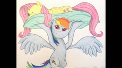 Size: 1191x670 | Tagged: safe, artist:thefriendlyelephant, fluttershy, rainbow dash, pegasus, pony, colored pencil drawing, lifting, pillow, solo, traditional art