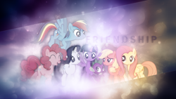 Size: 1920x1080 | Tagged: safe, artist:tzolkine, derpibooru import, applejack, fluttershy, pinkie pie, rainbow dash, rarity, spike, twilight sparkle, twilight sparkle (alicorn), alicorn, dragon, earth pony, pegasus, pony, unicorn, female, mane seven, mane six, mare, wallpaper