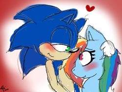 Size: 750x564 | Tagged: safe, artist:nuggetsauris, derpibooru import, rainbow dash, pegasus, pony, crossover, female, interspecies, male, shipping, sonic the hedgehog, sonic the hedgehog (series), sonicdash, straight